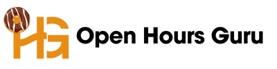 Logo of open hours guru featuring stylized letters "oh" with a clock design incorporated into the letter "o" and the full name written out.