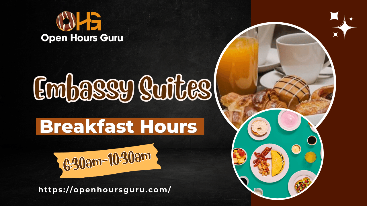 Enjoy a delightful morning experience at Embassy Suites with a sumptuous breakfast spread from 6:30am to 10:30am. Visit https://openhoursguru for more details. Start