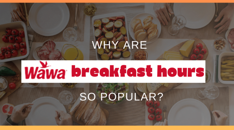 Table set with breakfast foods such as sliced meats, fruit, bread, and tomatoes. In the center, text reads: 'Why are Wawa breakfast hours so popular?'