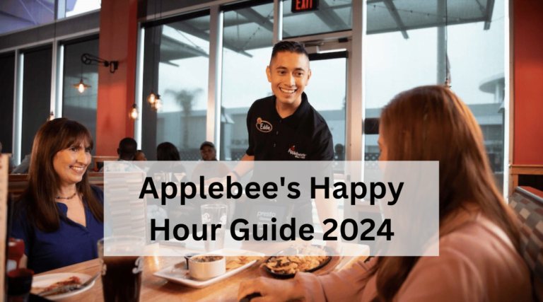 A smiling waiter serves two women sitting at a table in Applebee's, focused on a happy conversation. A transparent overlay with text reads, "Applebee's Happy Hour Guide 2024." In the background, other diners and restaurant décor are visible.