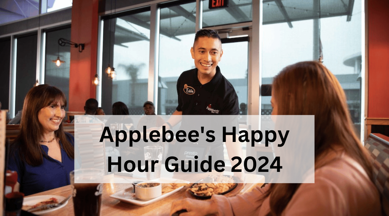 A smiling waiter serves two women sitting at a table in Applebee's, focused on a happy conversation. A transparent overlay with text reads, "Applebee's Happy Hour Guide 2024." In the background, other diners and restaurant décor are visible.