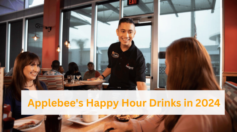 A smiling waiter serves food to two women seated at a table in a brightly lit Applebee's restaurant. The image includes the text "Applebee's Happy Hour Drink Menu in 2024" overlaid at the bottom in an orange bar.