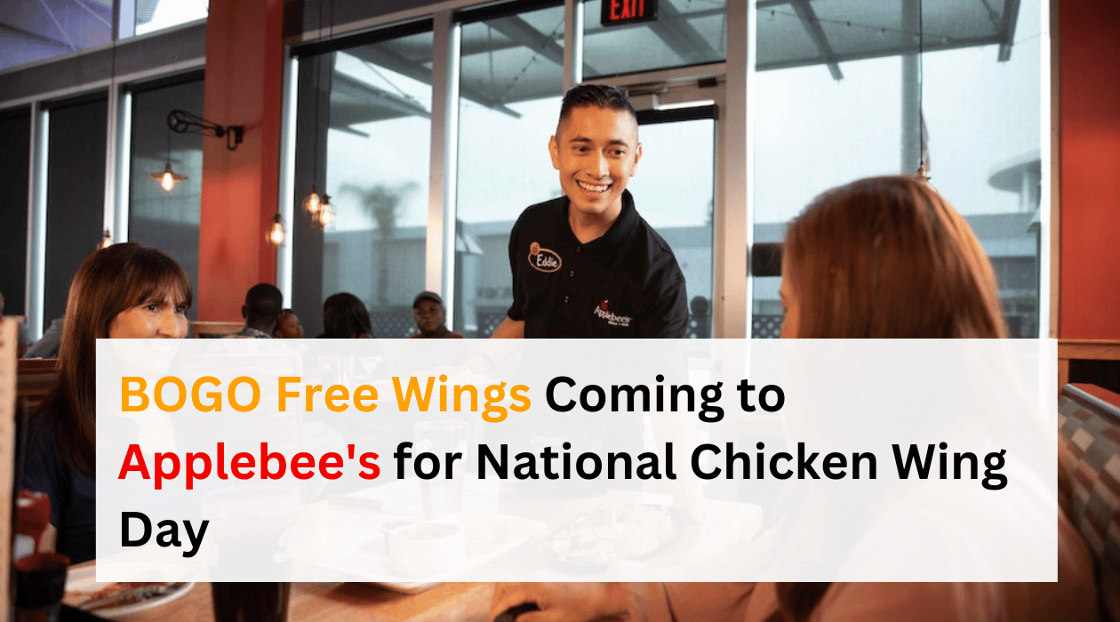 A smiling waiter in a black shirt serves food to customers sitting at a table inside a restaurant. A promotional text overlay reads, "BOGO Free Wings Coming to Applebee's for National Chicken Wing Day" in red and black font.