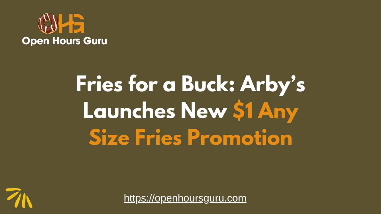 A promotional image from Open Hours Guru announces "Fries for a Buck: Arby's Launches New $1 Any Size Fries Promotion" in white and orange text on a brown background. The image includes the Open Hours Guru logo and website link at the bottom.