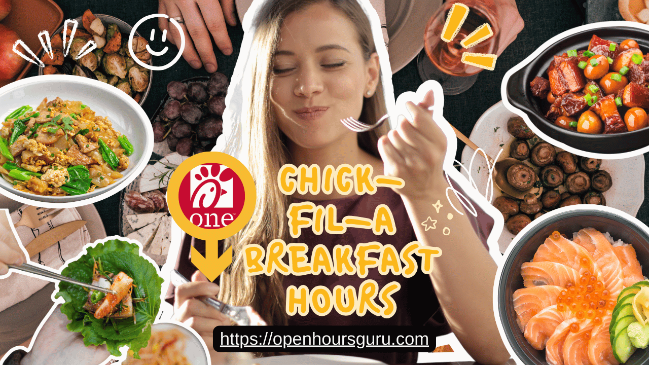 A woman enjoys a meal surrounded by an assortment of delicious dishes including salad, stir-fry, sushi, and stews. A "Chick-fil-A One" icon and the text "Chick-fil-A Breakfast Hours" are prominently displayed. The link "https://openhoursguru.com" is shown at the bottom.