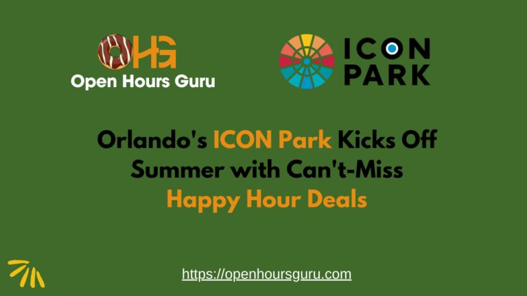 A promotional flyer on a green background featuring logos of Open Hours Guru and ICON Park. Text reads, "Orlando's ICON Park Kicks Off Summer with Can't-Miss Happy Hour Deals." The website "https://openhoursguru.com" is displayed at the bottom.