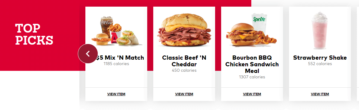 An image displaying four food items under the "Top Picks" section: 5$ Mix 'N Match (1185 calories), Classic Beef 'N Cheddar (450 calories), Bourbon BBQ Chicken Sandwich Meal (1307 calories), and Strawberry Shake (552 calories). Each has a "View Item" button.