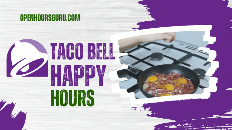 A graphic with the Taco Bell logo and the words "Taco Bell Happy Hours." Next to the text, there is a photo of someone cooking a dish with meat and eggs in a frying pan on a stovetop. The web address "openhoursguru.com" is displayed at the top.