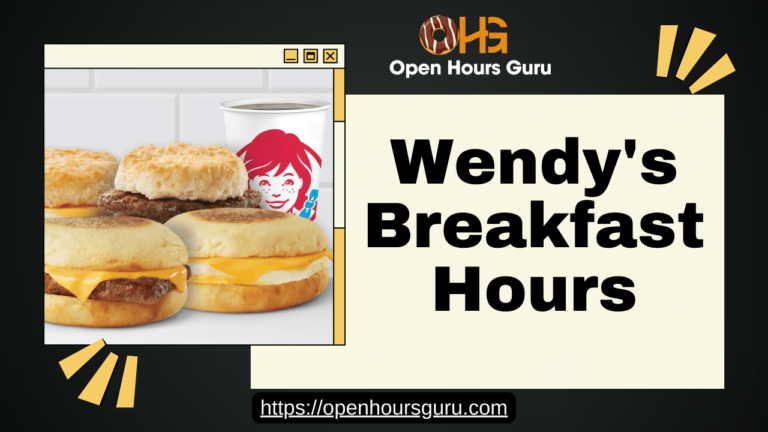 A black background features an image of a webpage with breakfast sandwiches and a Wendy's cup. The title "Open Hours Guru" appears at the top, along with text reading "Wendy's Breakfast Hours" and a URL link "https://openhoursguru.com" at the bottom.