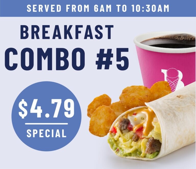 Breakfast combo advertisement featuring a breakfast burrito, tater tots, and a cup of coffee in a pink cup. Price is $4.79, available from 6 AM to 10:30 AM. The burrito contains eggs, bell peppers, and sausage.