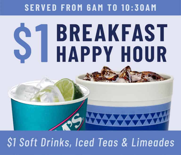 Advertisement for a breakfast happy hour featuring $1 soft drinks, iced teas, and limeades. Available from 6 AM to 10:30 AM. Two cups filled with iced beverages are shown.